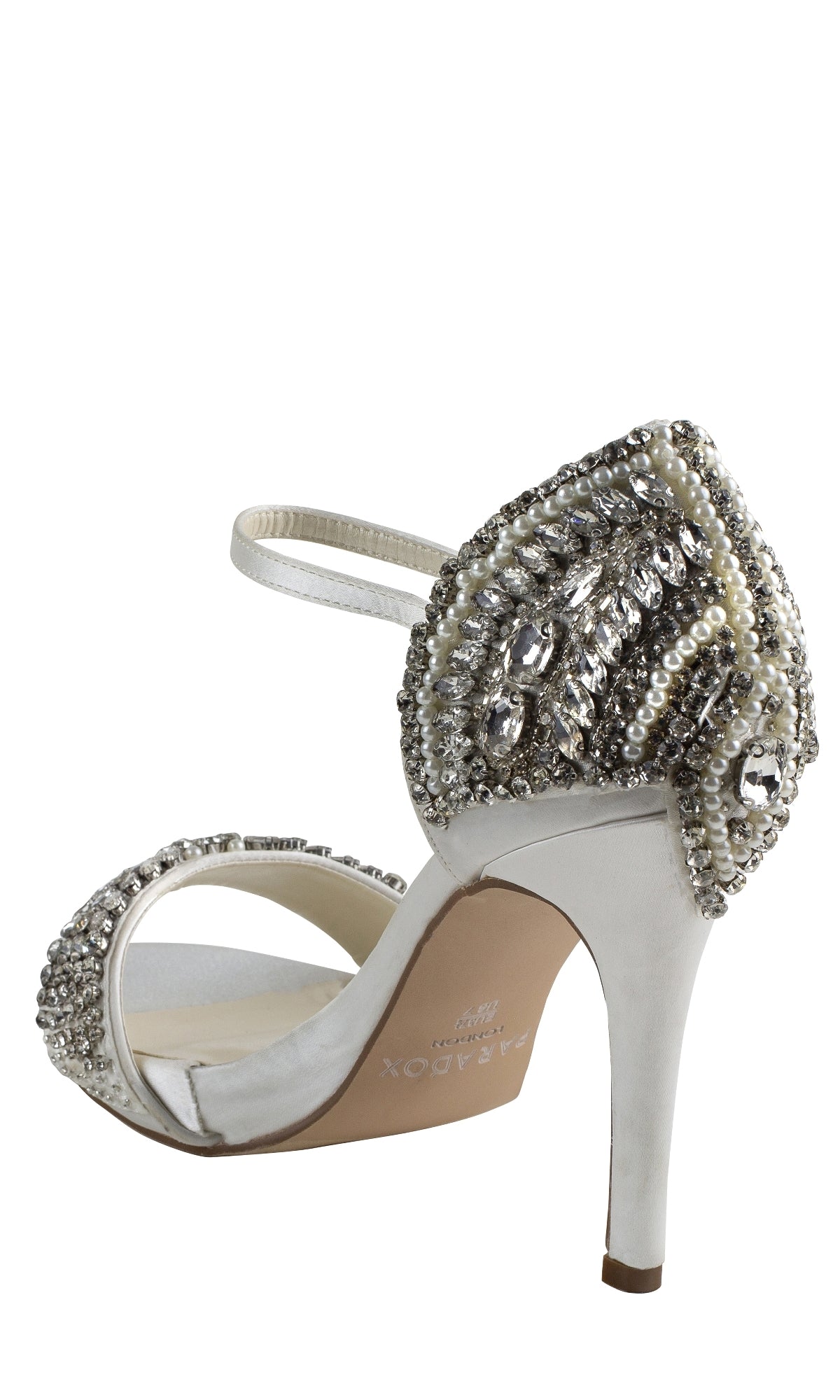 The Elodie Ivory Satin Prom Shoes (Paradox London P2107) are white stiletto sandals with ankle straps, jeweled beads, pearls, and rhinestones on the heel and toe—perfect for adding glamour to any formal look.